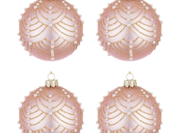 Palle di Natale in Vetro Rosa con Perle Bianche e Oro