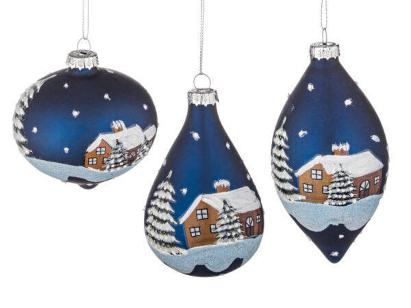 Pendagli di Natale in Vetro Blu Villaggio Innevato 3