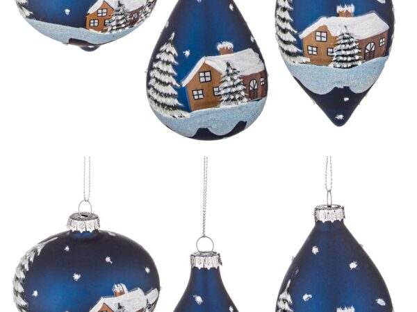 Pendagli di Natale in Vetro Blu Villaggio Innevato