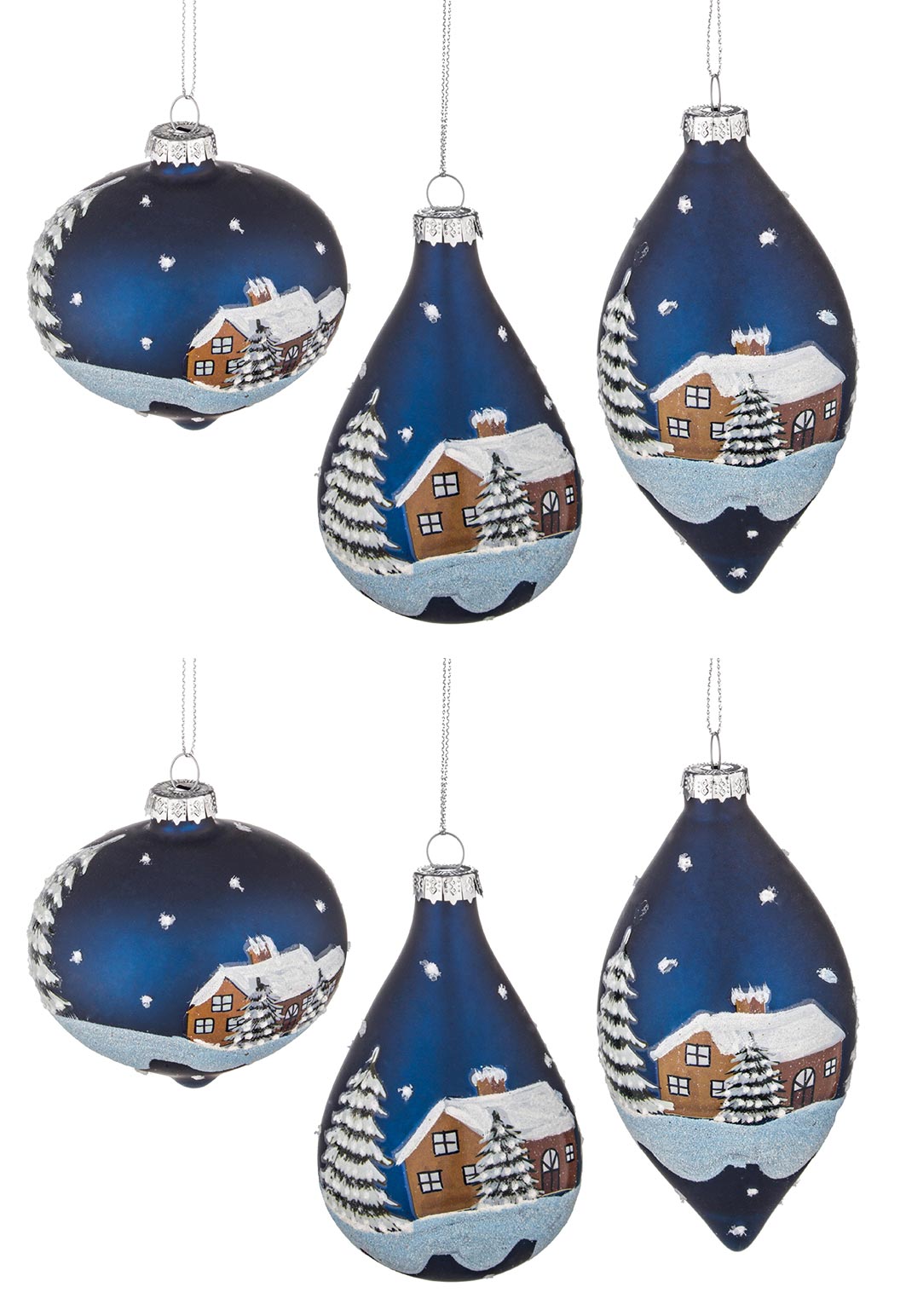 Pendagli di Natale in Vetro Blu Villaggio Innevato 3 Pendagli di Natale in Vetro Blu Villaggio Innevato 3
