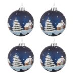Palle di Natale in Vetro Blu con Casa e Neve 6