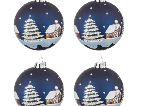 Palle di Natale in Vetro Blu con Casa e Neve 3