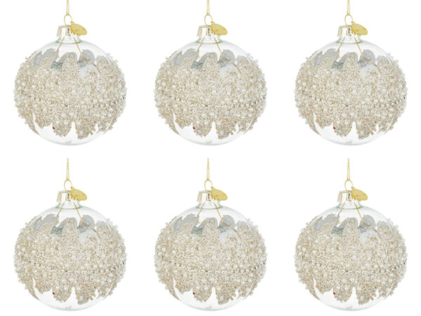 Palle di Natale in Vetro Trasparente Argento con Perle