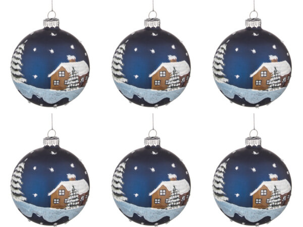 Palle di Natale in Vetro Blu con Casa e Neve