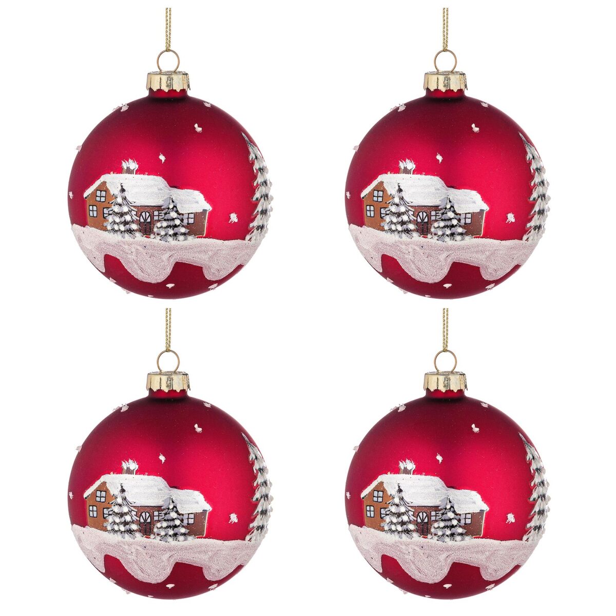 Palle di Natale in Vetro Rosse con Casa e Neve 4