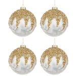 Palline di Natale in Vetro Bianco Perla Paillettes Oro Prize 6