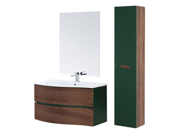 Mobile Bagno Sospeso Curvo Noce Verde con Lavabo Specchio Minori 3
