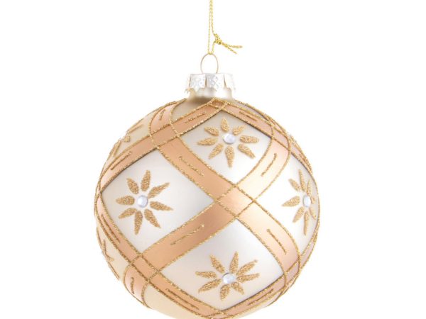 Palline di Natale in Vetro Bianche con Fiori e Diamanti Oro 10 cm 3