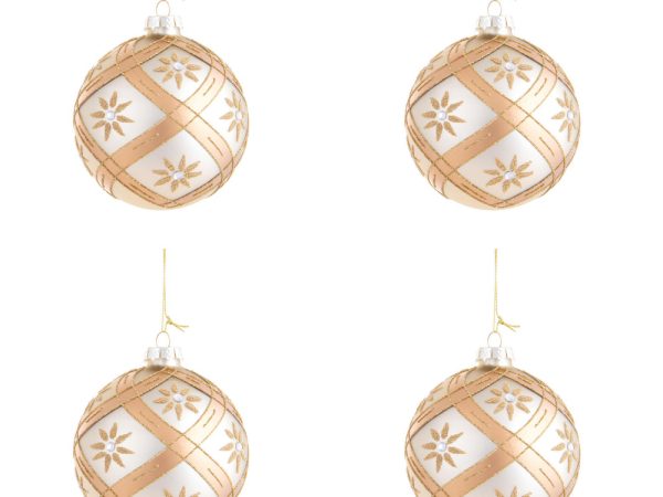 Palline di Natale in Vetro Bianche con Fiori e Diamanti Oro 10 cm