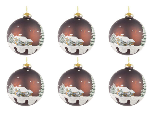 Palline di Natale in Vetro Marrone con Casette Village