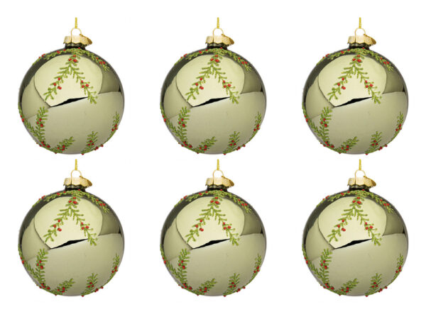 Palline di Natale in Vetro Verde Oliva con Rametti Wood