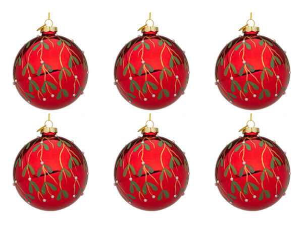 Palline di Natale in Vetro Rosse con Decorazione Verde Blade