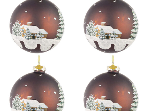 Palline di Natale in Vetro Marrone con Casette Village 3