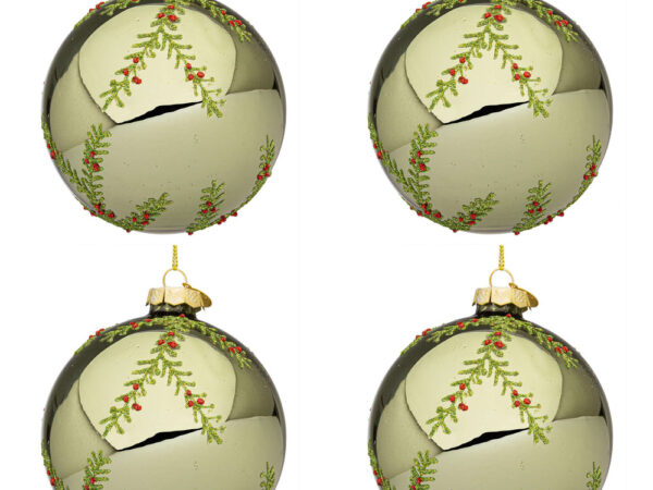 Palline di Natale in Vetro Verde Oliva con Rametti Wood 3